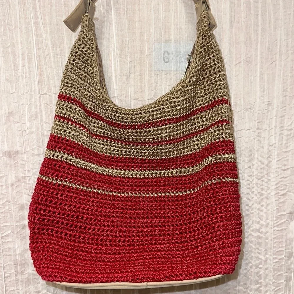 Red Tan Macrame Crochet Hobo Bag Purse